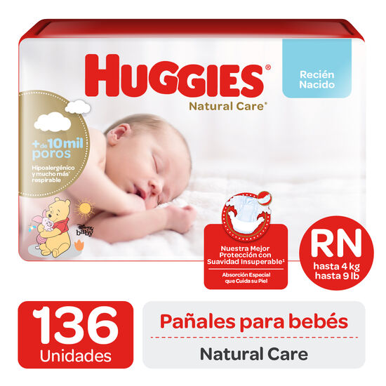 Pañales Huggies Natural Care Unisex Pack 136 Un (4 paq. X 34 un). Talla RN,,